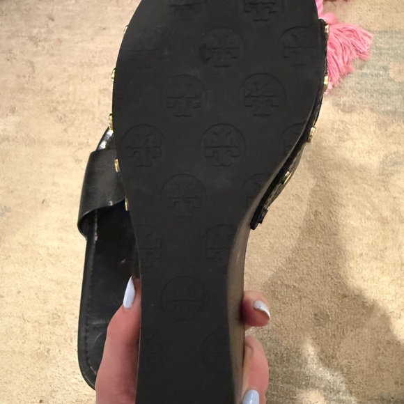 Tory Burch Black Leather Patti Wedge Sandals - Picture 5 of 7